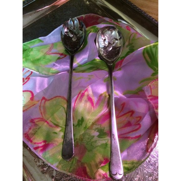Vintage Sheffield Silver Plate Salad Spoon and Fork Set England Shabby Chic Cott - Picture 3 of 5